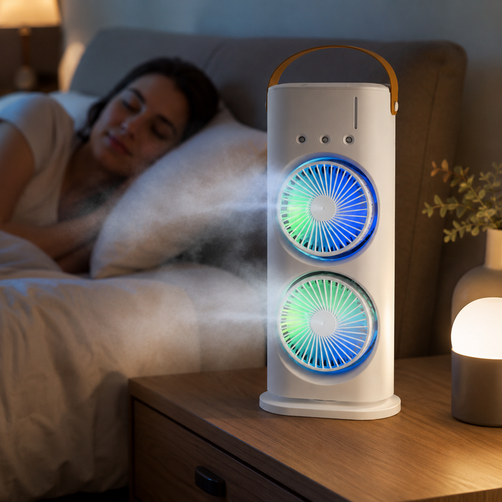Three Hole Double Head Spray Fan USB Humidification Air Cooler Desktop LED