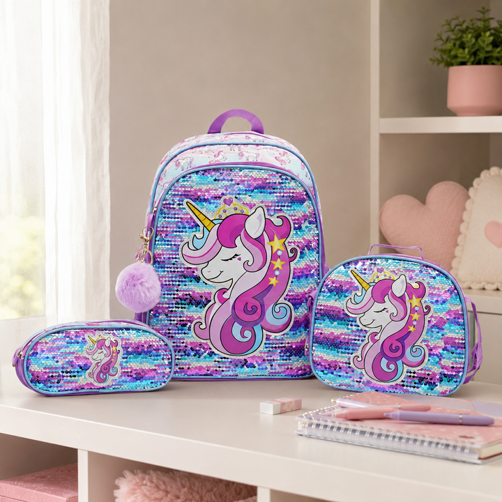 Unicorn Sequin 3-Piece School Backpack Set with Lunch Bag and Pencil Case for Girls
