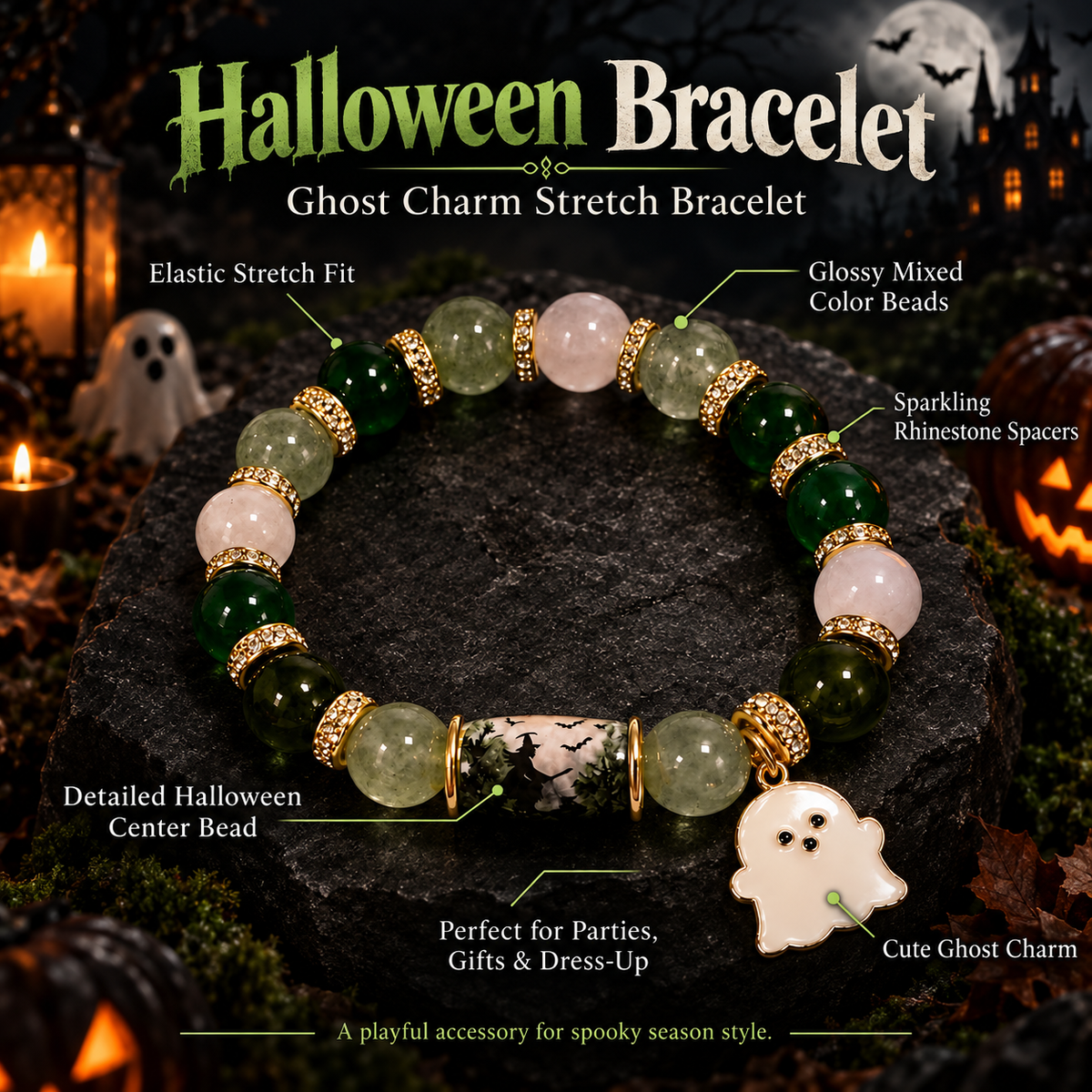 Halloween Crystal Bead Pendant Bracelet Bat Pumpkin Ghost Castle Charm Jewelry