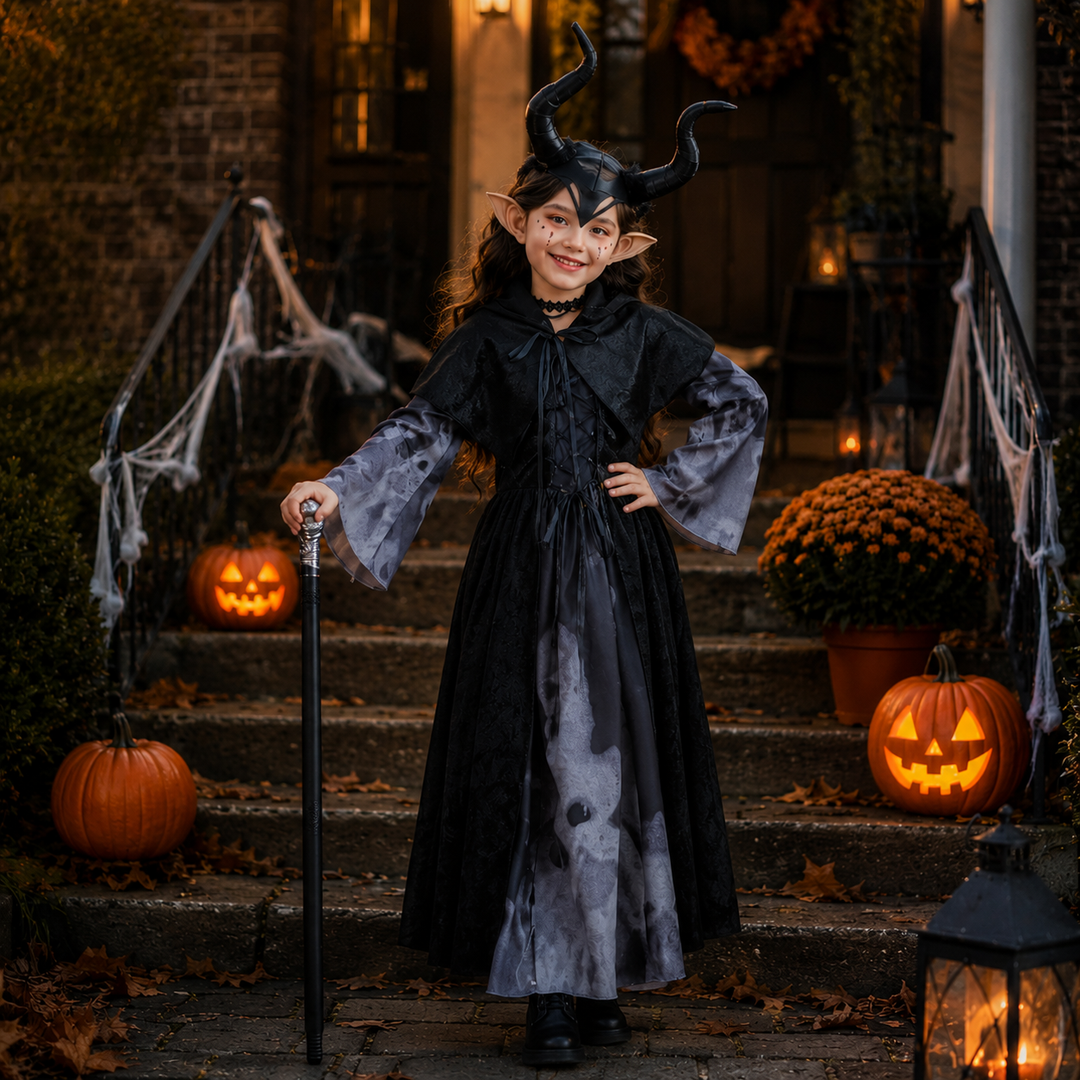 Kids Girls Halloween Long Dress Witch Vampire Skeleton Costume Cosplay Performance Outfit Set
