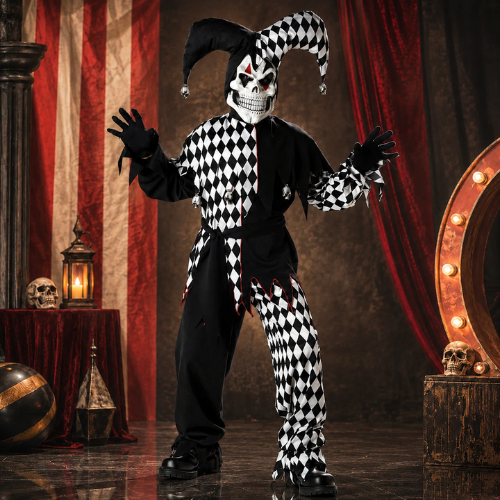 Court Jester Costume Harlequin Halloween Outfit with Skull Staff