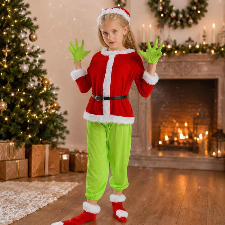 Grinch Costume for Kids – Green Gloves &amp; Red Santa Suit