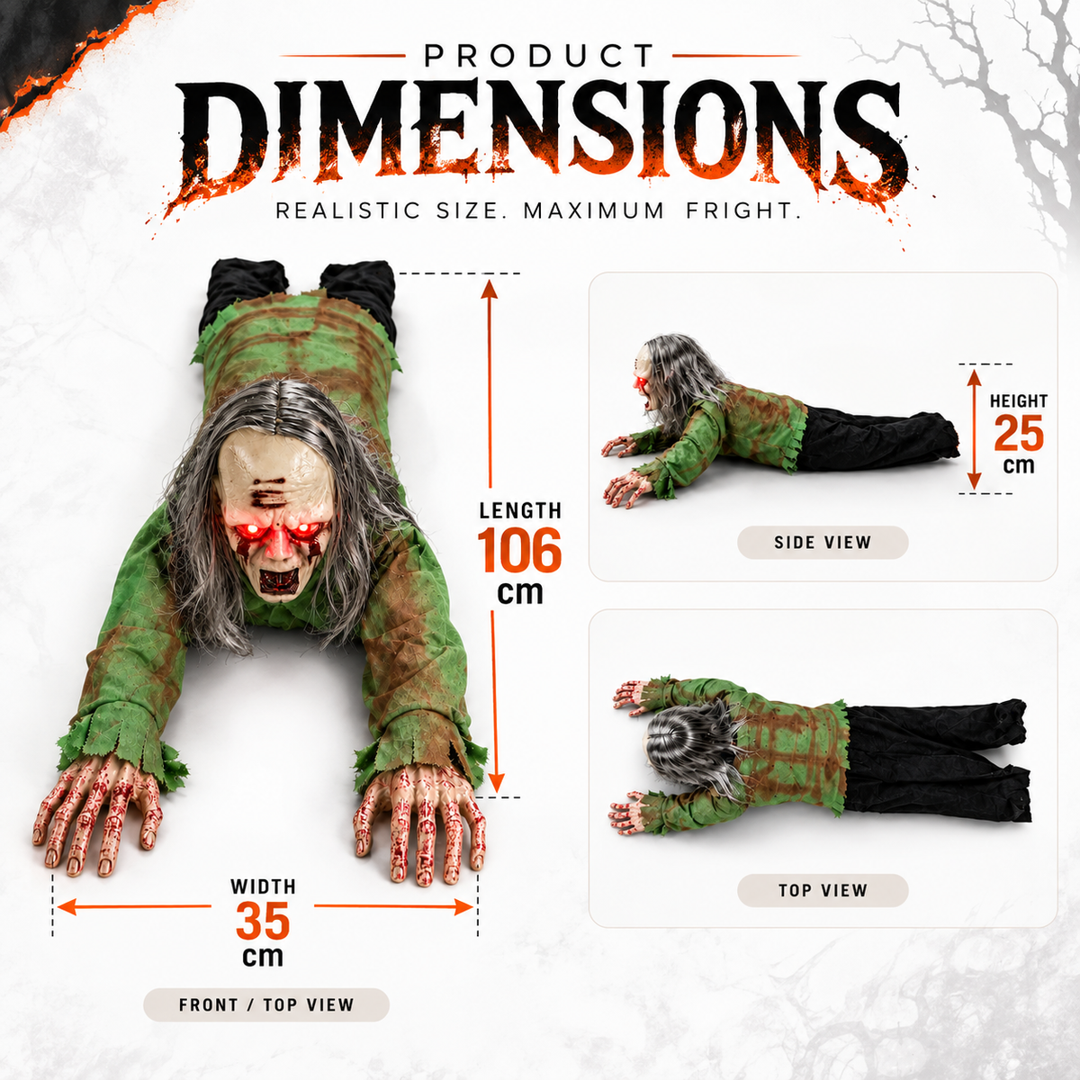 Long Haired Crawling Zombie Prop Light Up Eyes Sound Activated Halloween Decoration
