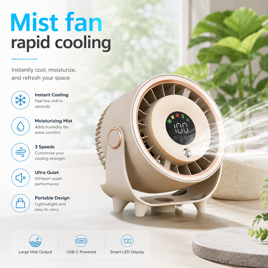 Portable Misting Fan Digital Display Quiet Cooling Humidifier Wall Hangable
