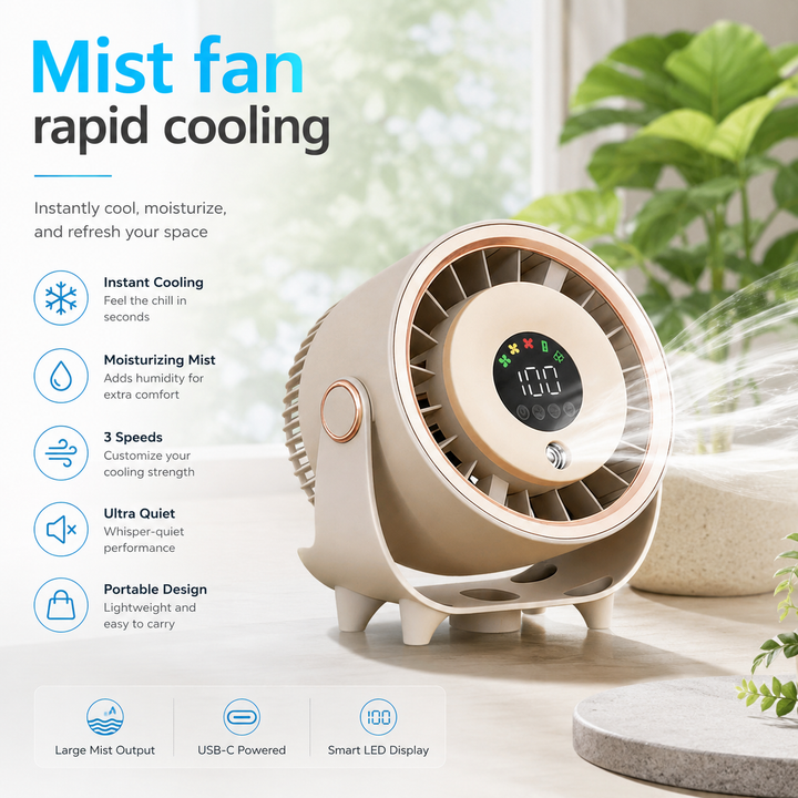 Portable Misting Fan Digital Display Quiet Cooling Humidifier Wall Hangable