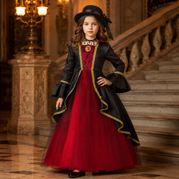 Victorian Vampire Dress for Girls with Hat Halloween Costume