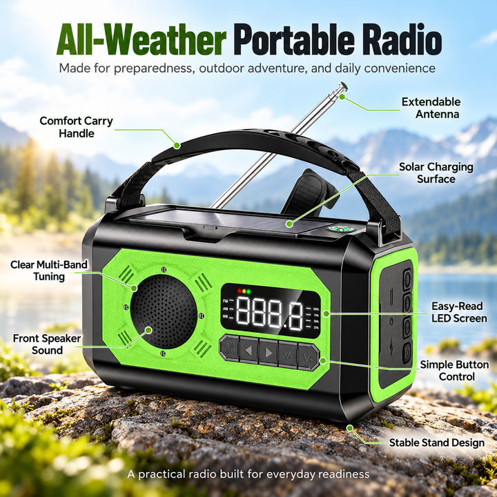 Wind Up Weather Radio 12000mAh Digital LCD NOAA Solar Kickstand