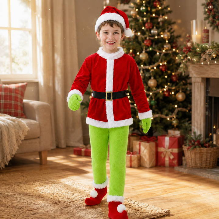 Boys Grinch Christmas Costume with Curled-Toe Boot Covers