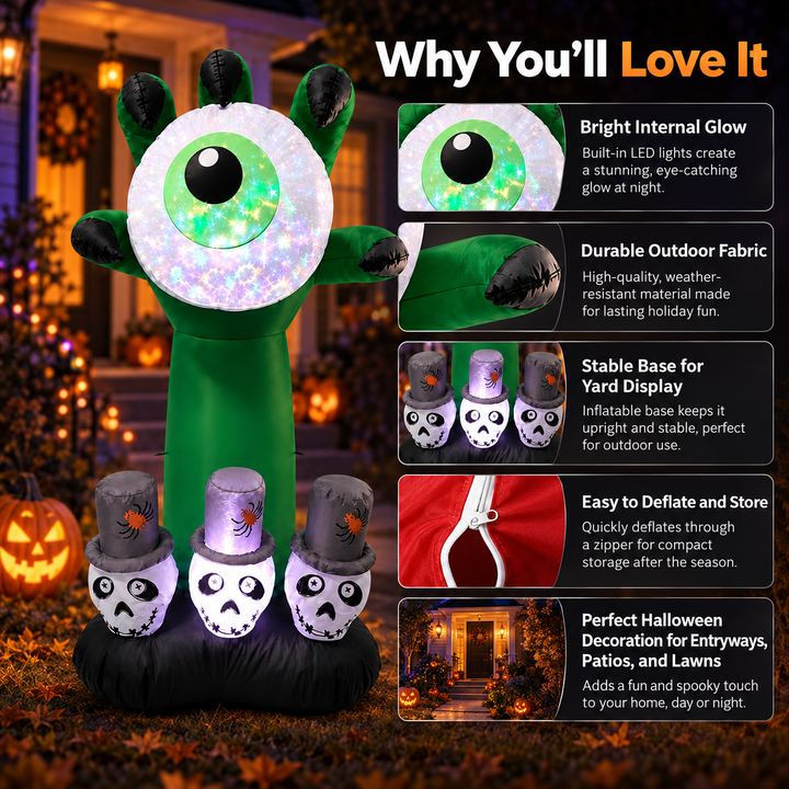 Halloween Inflatable Eyeball Monster Hand with Skulls LED Yard Decor