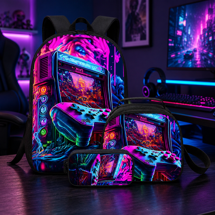 Gamer Unisex 3-Piece School Backpack Set with Crossbody Bag &amp; Pencil Case