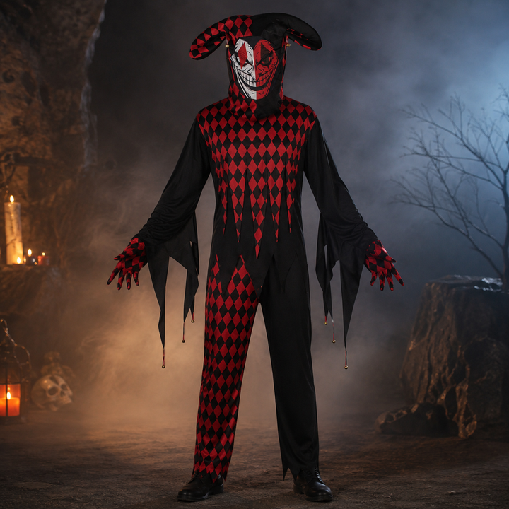 Evil Jester Costume with Hood and Mask Halloween Costume