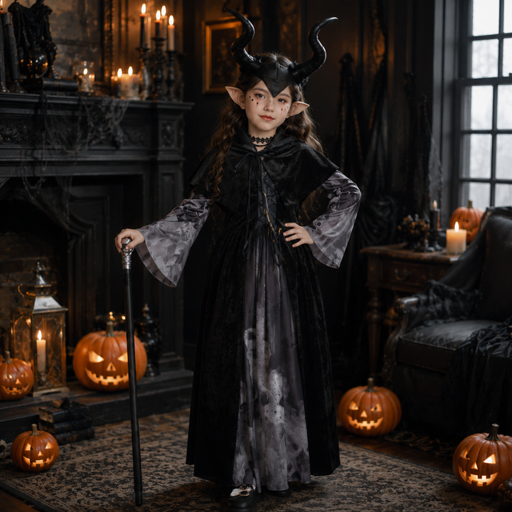 Kids Girls Halloween Long Dress Witch Vampire Skeleton Costume Cosplay Performance Outfit Set