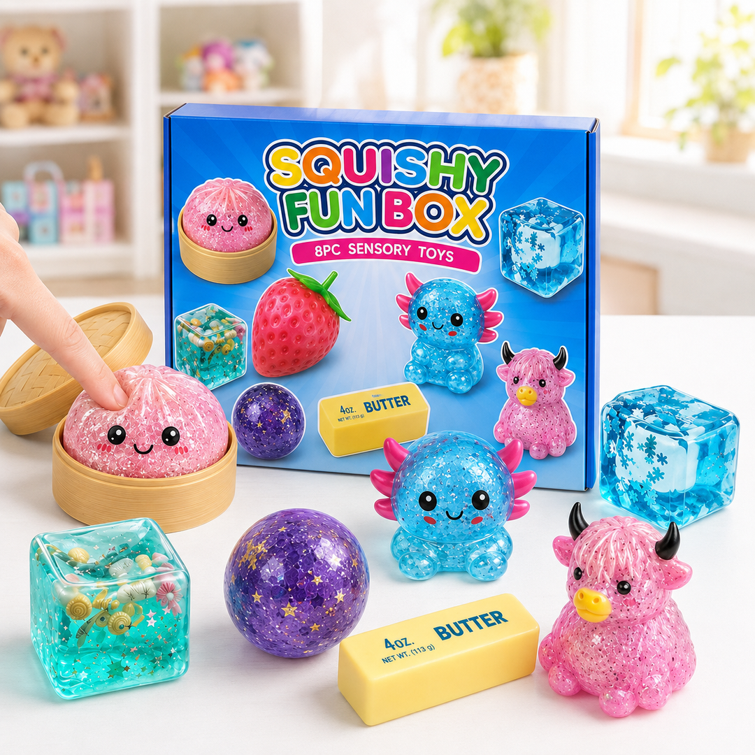 Squishy Fun Box 8-Piece Sensory Toy Set with Food and Animal Shapes