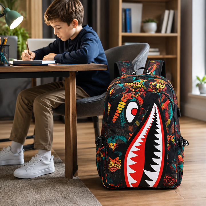 Kids School Backpack USB Interface Shark Print Large Capacity Lightweight