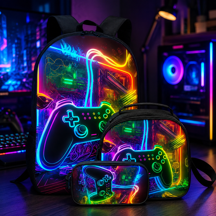 Gamer Unisex 3-Piece School Backpack Set with Crossbody Bag &amp; Pencil Case
