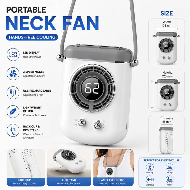 Rechargeable Neck Fan LED Display 3-Speed Hands-Free Wearable Cooling