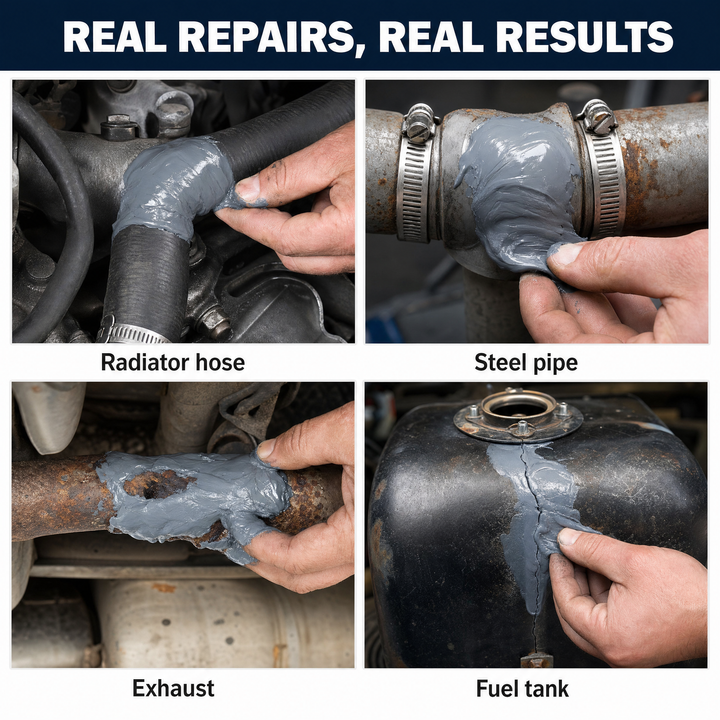 Real repairs - radiator hose, steel pipe, exhaust, fuel tank