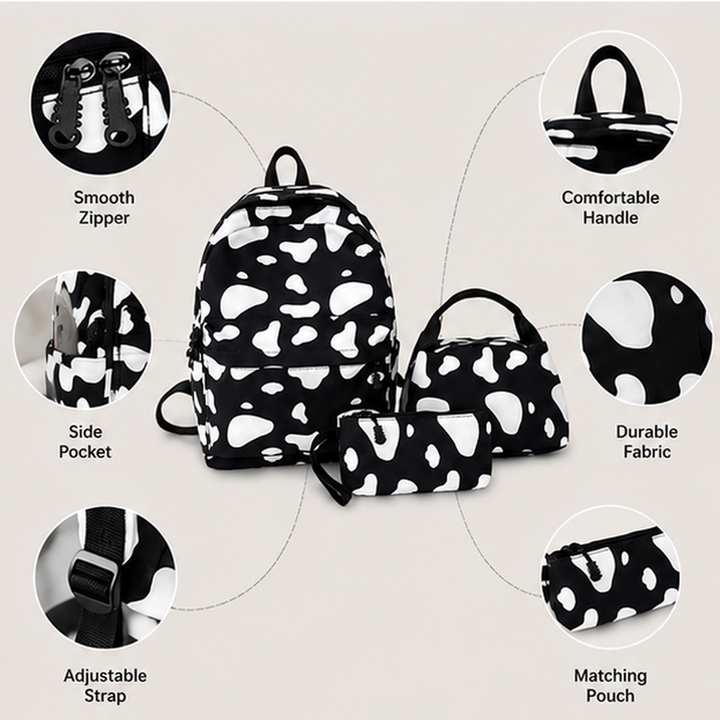 Girls Cow Print School Backpack Set with Lunch Bag and Pencil Case