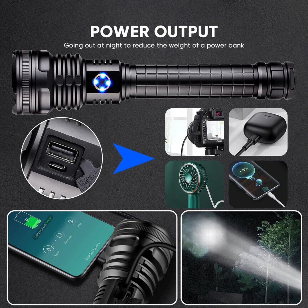 LED Flashlight USB Rechargeable 99000 Lumens XHP90
