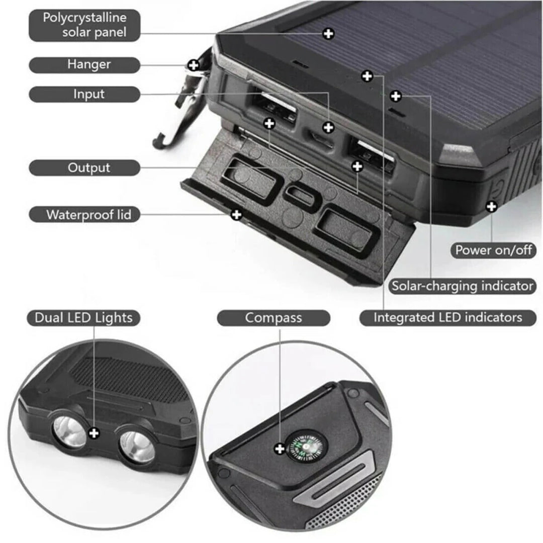 Solar Power Bank Charger Waterproof Portable Battery Pack