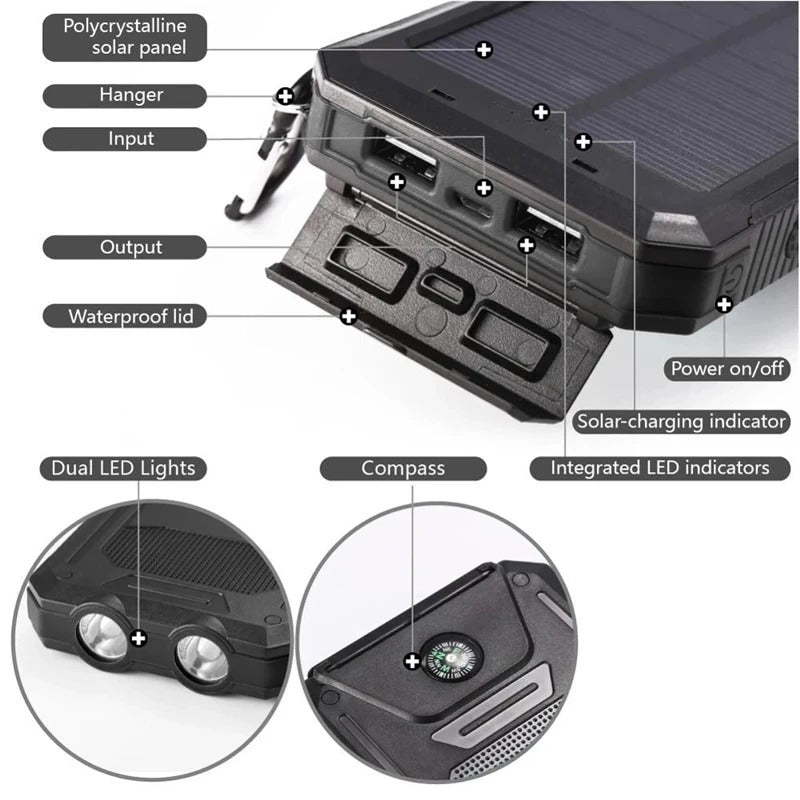 Solar Power Bank Waterproof Charger Torch Light
