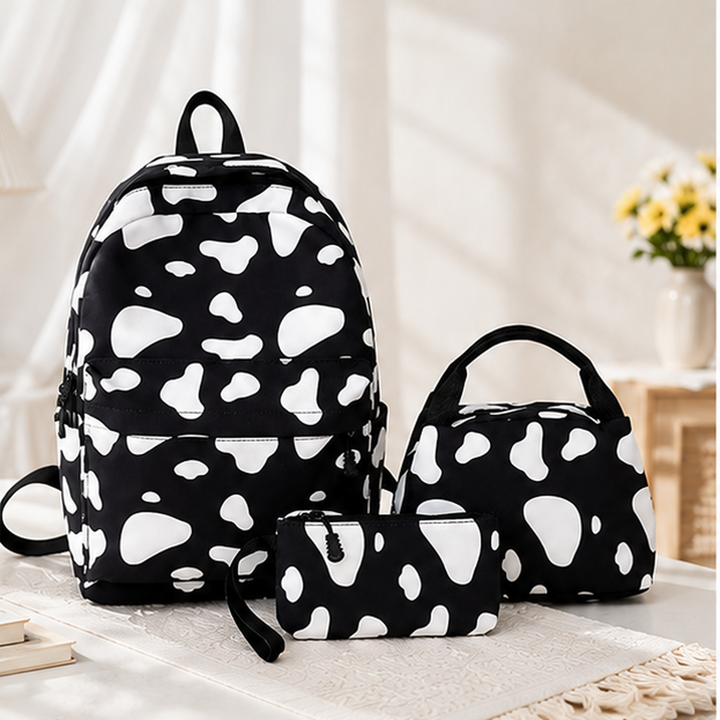 Girls Cow Print School Backpack Set with Lunch Bag and Pencil Case
