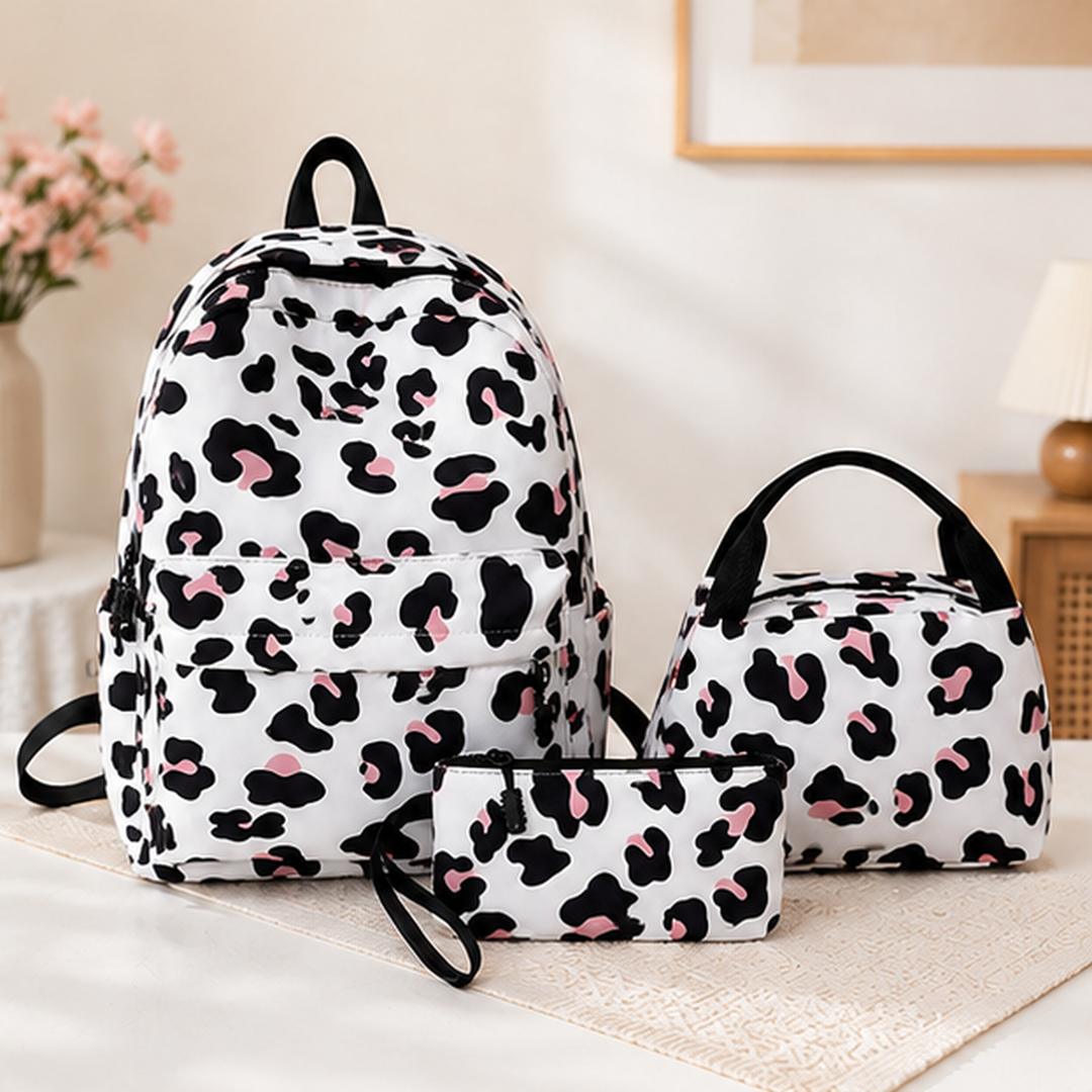 Girls Cow Print School Backpack Set with Lunch Bag and Pencil Case