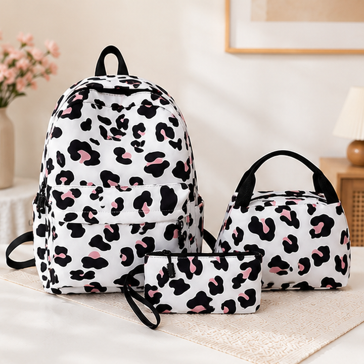 Girls Cow Print School Backpack Set with Lunch Bag and Pencil Case