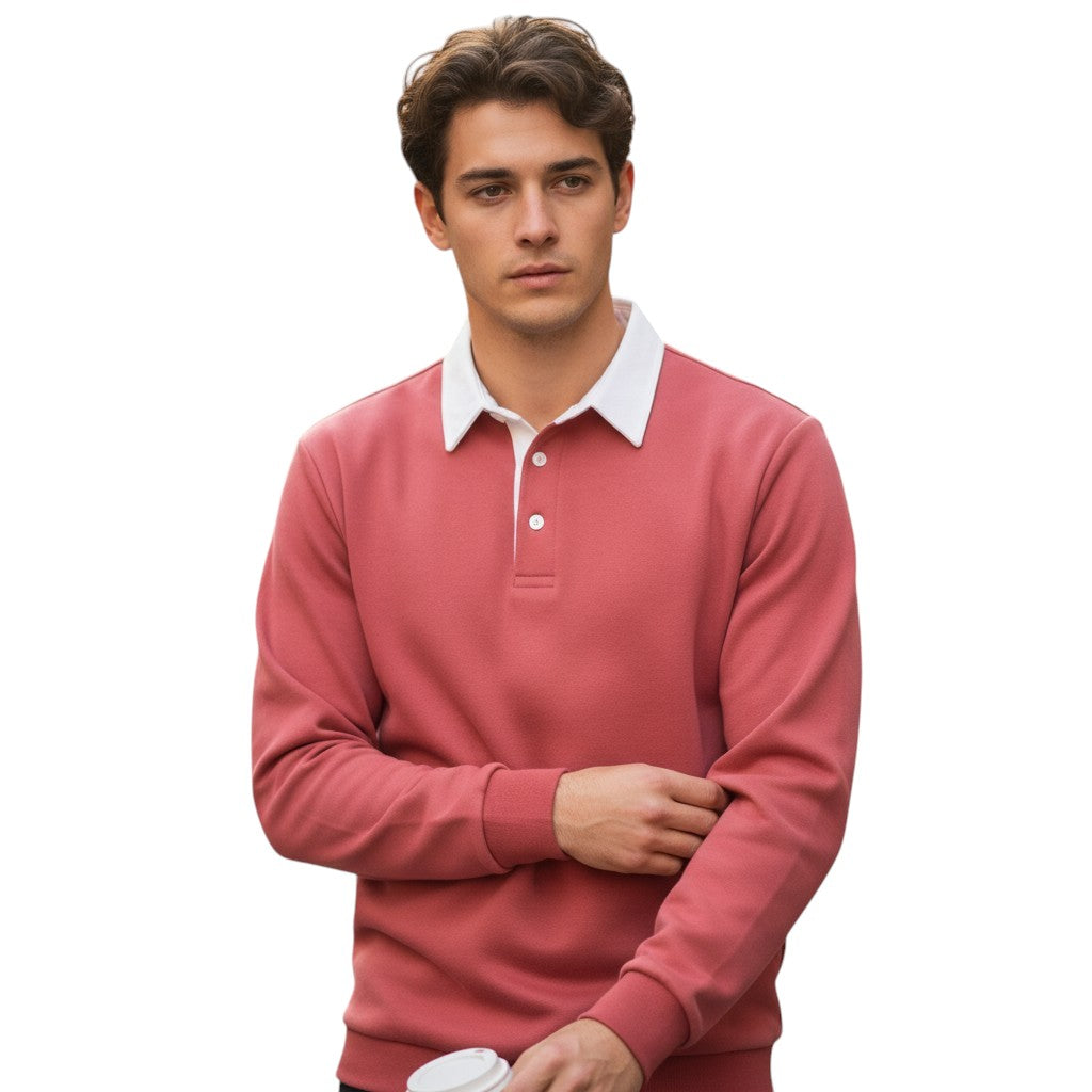 Mens Long Sleeve Fleece Polo Shirt with Button Placket