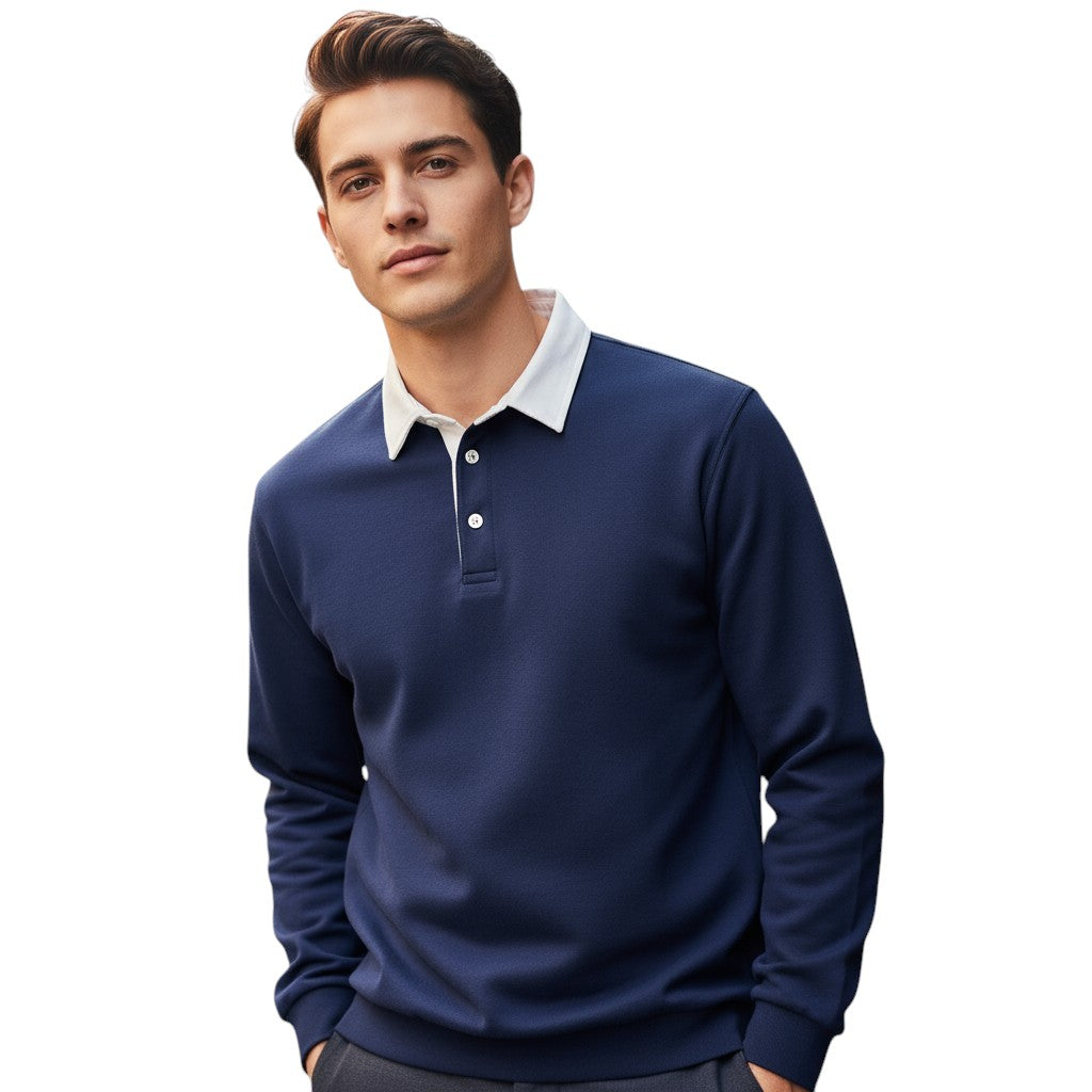 Mens Long Sleeve Fleece Polo Shirt with Button Placket