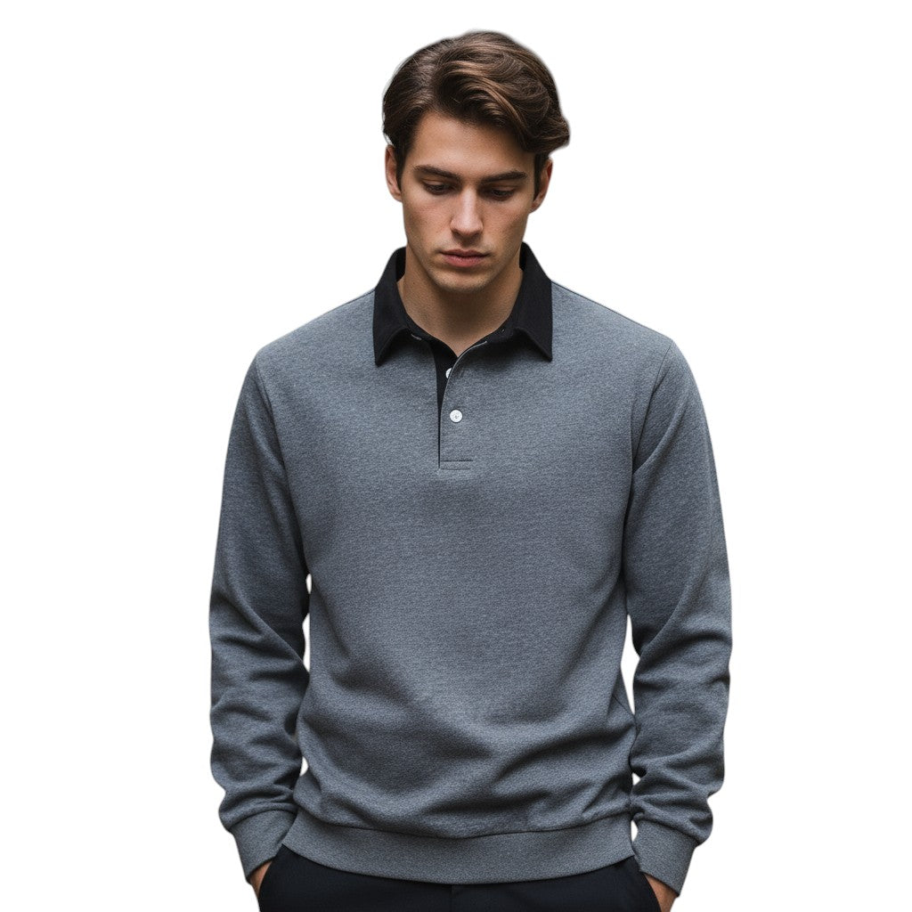 Mens Long Sleeve Fleece Polo Shirt with Button Placket