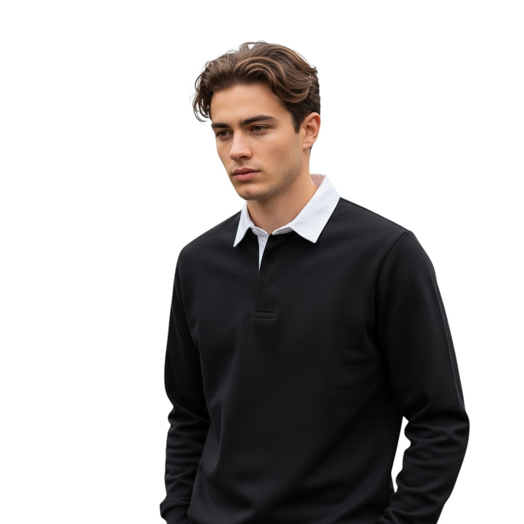 Mens Long Sleeve Fleece Polo Shirt with Button Placket