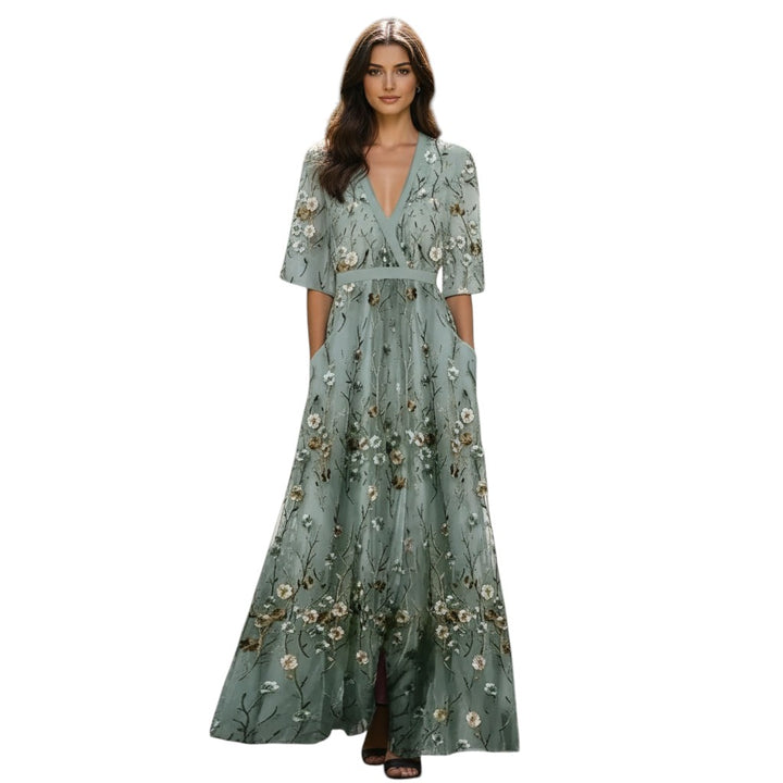 Womens Floral Maxi Dress with V Neck and Short Sleeves