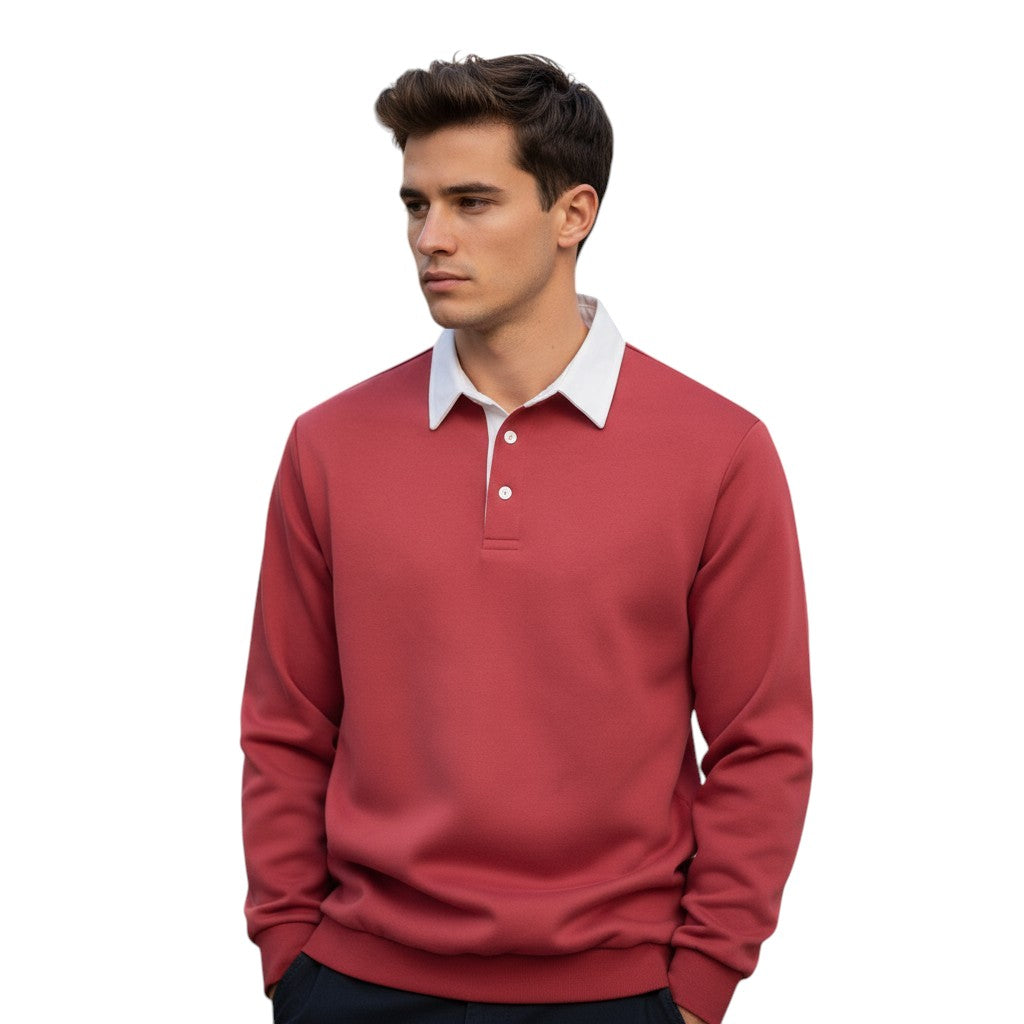 Mens Long Sleeve Fleece Polo Shirt with Button Placket