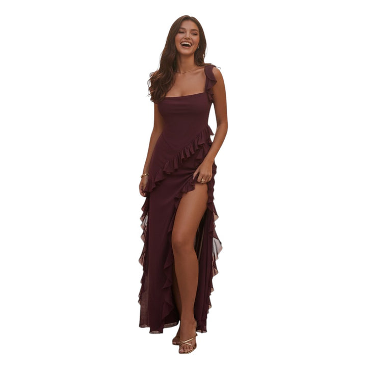 Womens Ruffle Maxi Dress Sleeveless with Side Slit