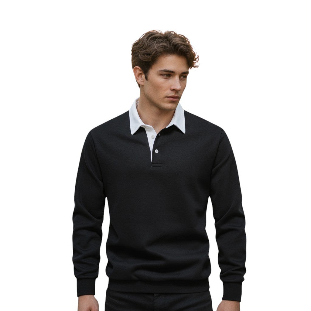 Mens Long Sleeve Fleece Polo Shirt with Button Placket
