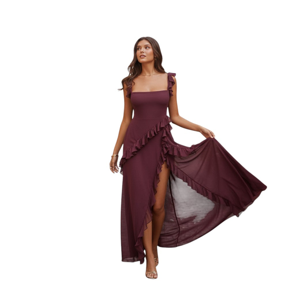 Womens Ruffle Maxi Dress Sleeveless with Side Slit
