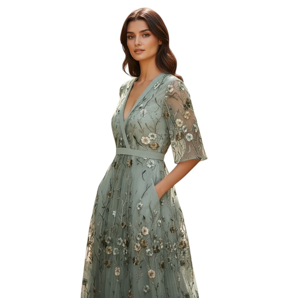 Womens Floral Maxi Dress with V Neck and Short Sleeves