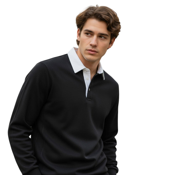 Mens Long Sleeve Fleece Polo Shirt with Button Placket