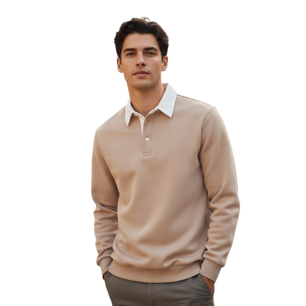 Mens Long Sleeve Fleece Polo Shirt with Button Placket