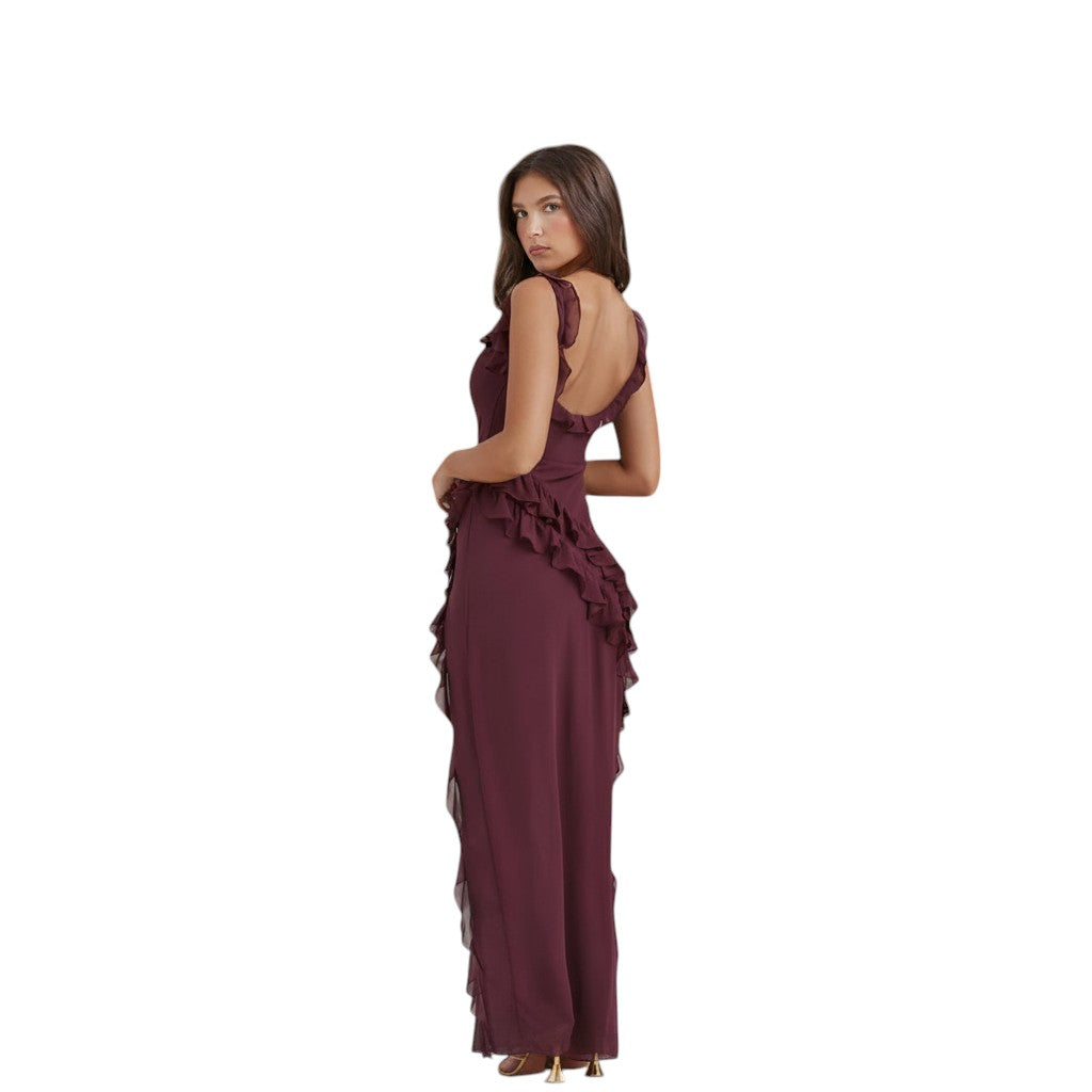 Womens Ruffle Maxi Dress Sleeveless with Side Slit
