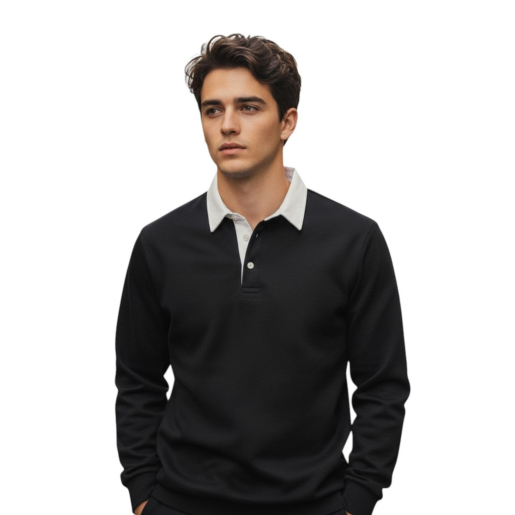 Mens Long Sleeve Fleece Polo Shirt with Button Placket