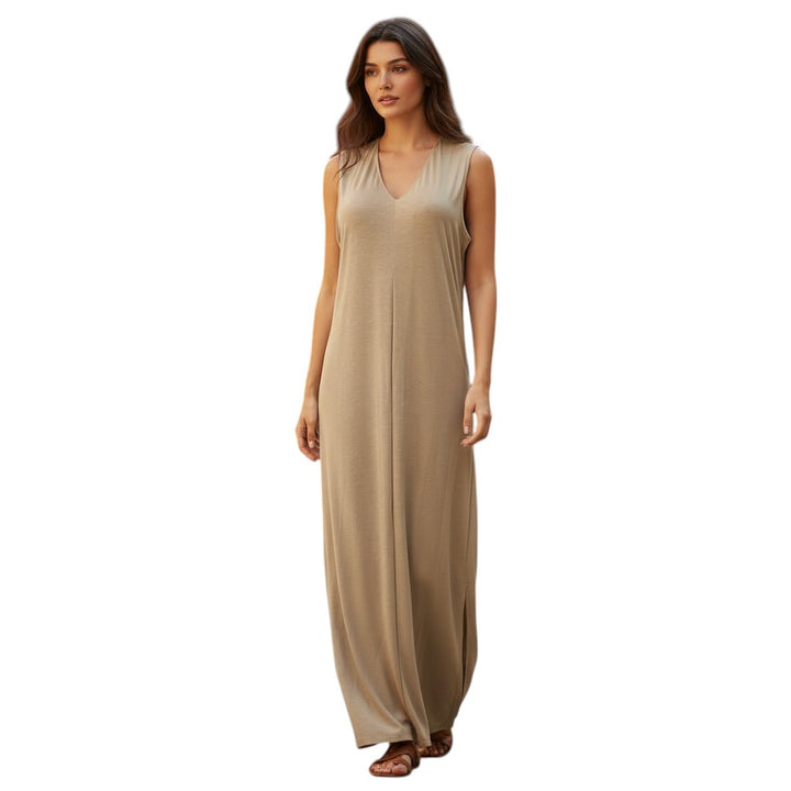 Womens Sleeveless Maxi Dress with V Neck