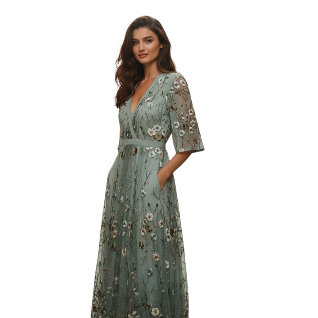 Womens Floral Maxi Dress with V Neck and Short Sleeves